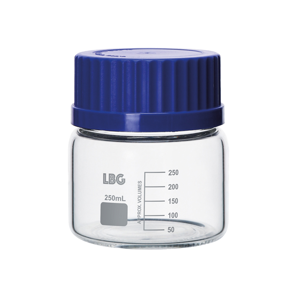 GRADUATED BOTTLE WITH ISO THREAD, MADE OF BOROSILICATE GLASS 3.3, WIDE MOUTH