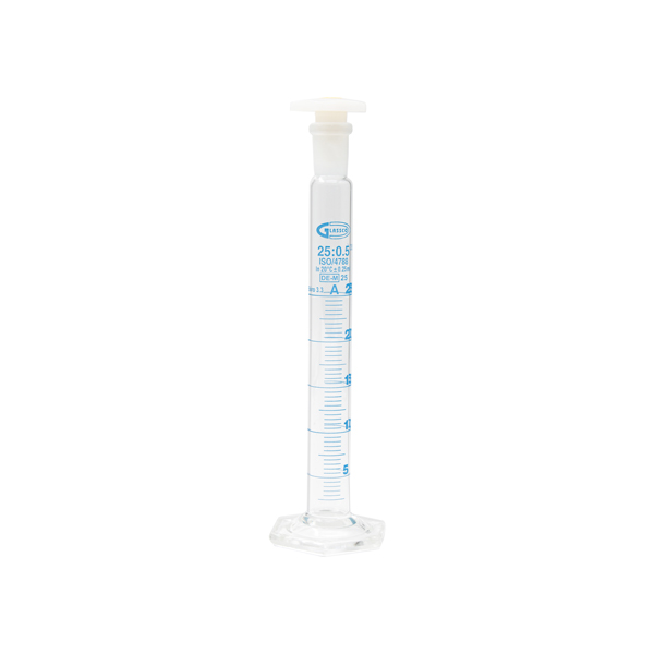 MEASURING CYLINDER HEXAGONAL BASE, WITH PLASTIC STOPPER, CLASS A, GLASSCO