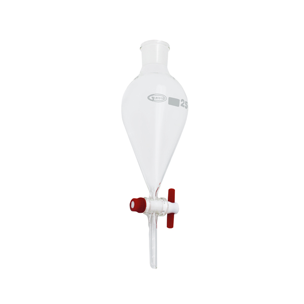 SEPARATORY FUNNEL, PEAR-SHAPED, WITH PTFE STOPCOCK, GLASSCO
